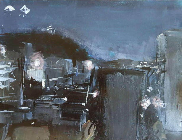 Foggy MTL; painted on acrylic, notebook paper.