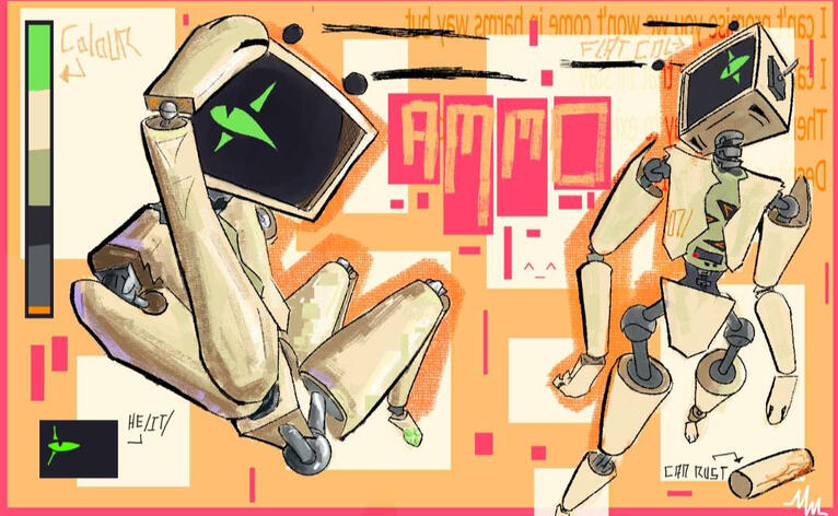 AMMO, Reference: I like to do character designing as well. Their background to put shortly is they are an alien that plummeted to Earth and had to collect a bunch of machinery parts, primarily from an abandoned military buggy, to be able to be mobile and s